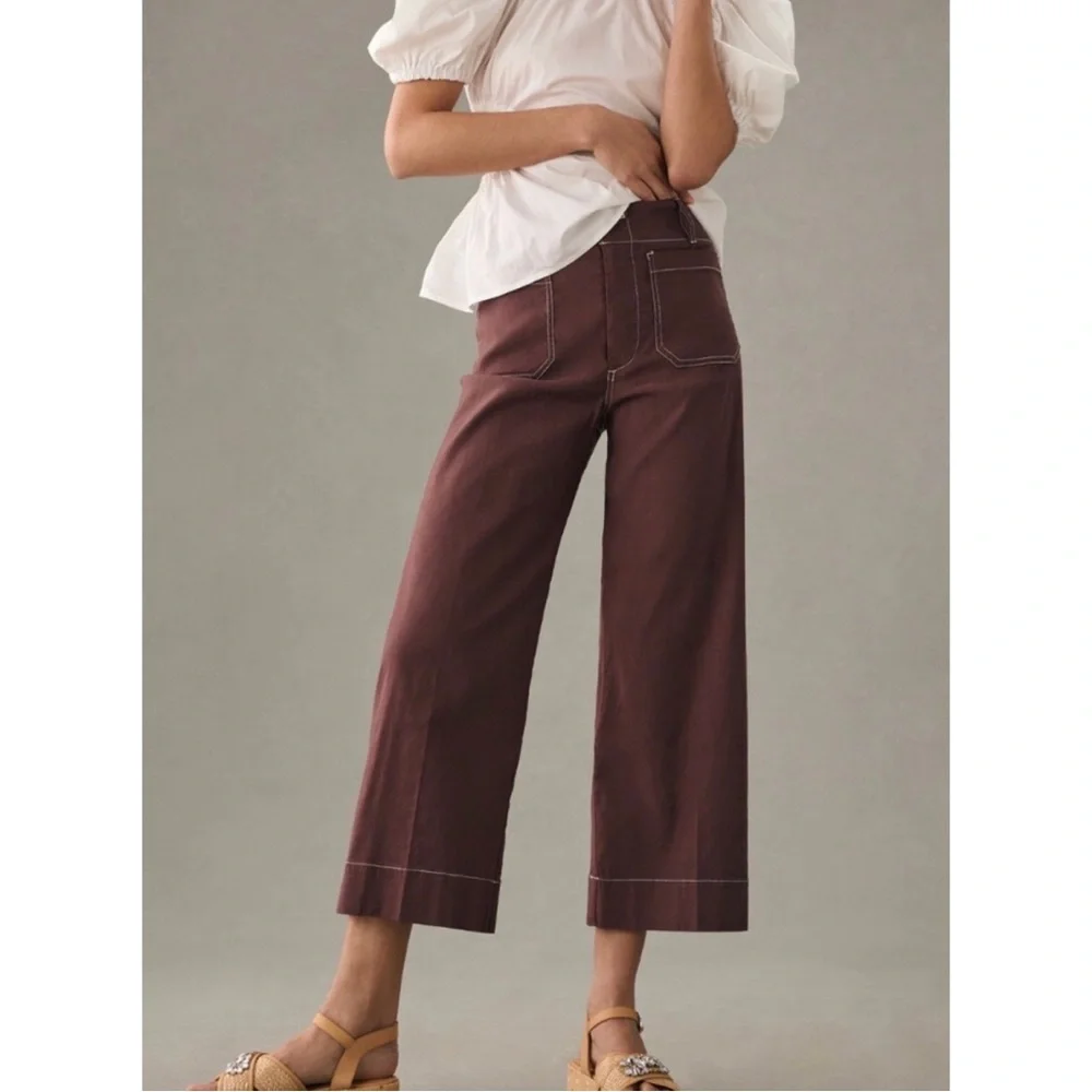 Maeve Colette Wide Leg Pants Special Contrast Stitch Edition Burgundy 24 - Picture 5 of 6